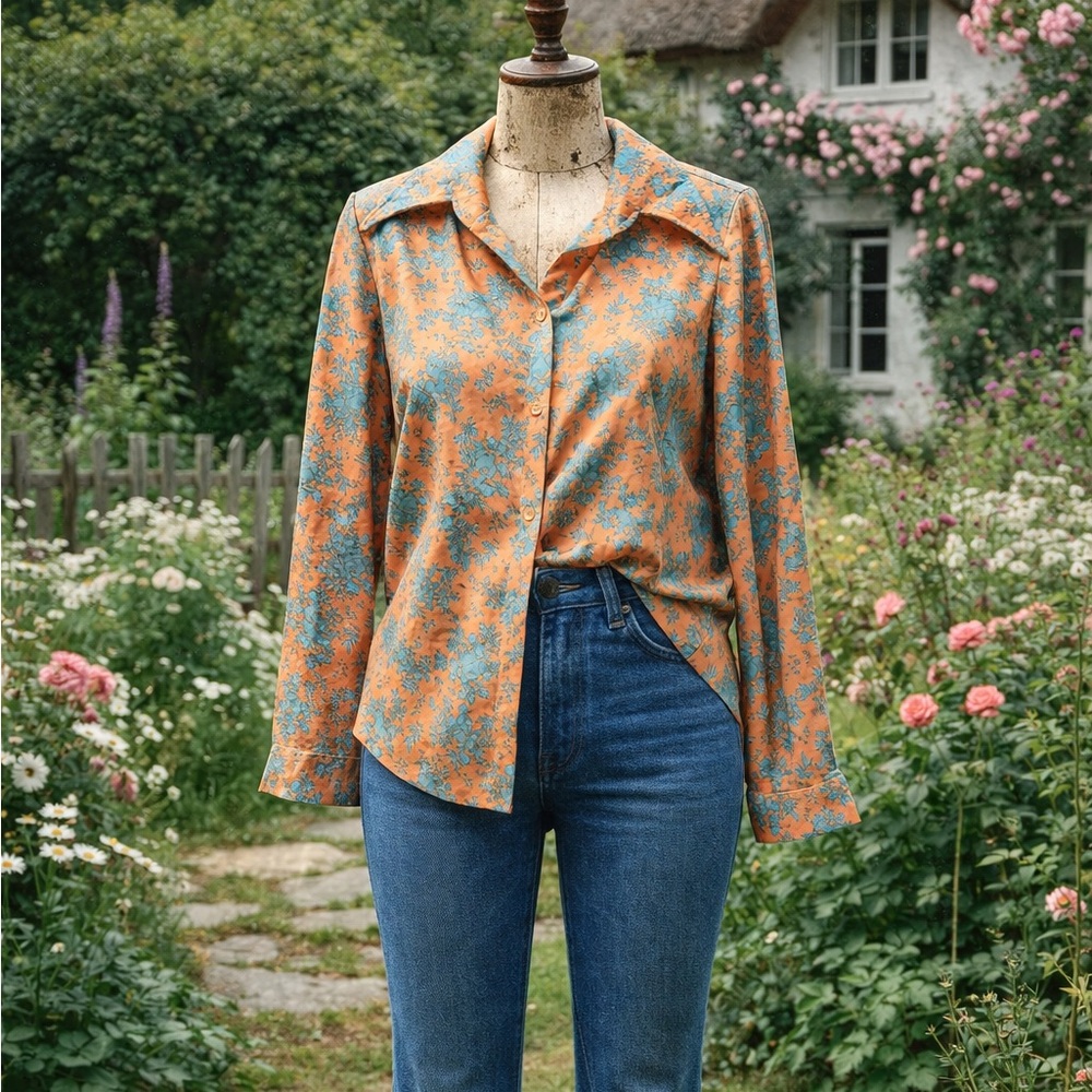 Vintage 1970s Ko Ko Knits Of California Floral Blouse, Peach Orange & Baby Blue